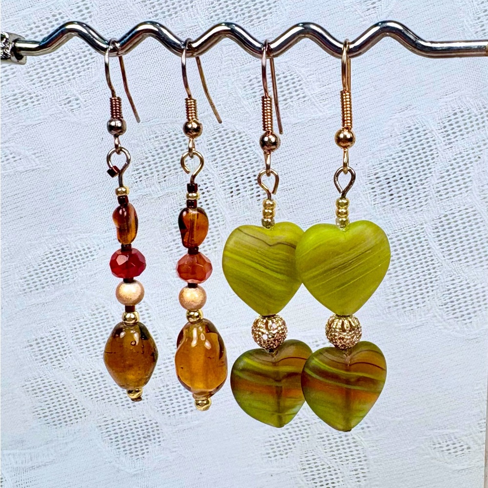Earrings Pierced Handcrafted Unique Brown Glass Beads & Green + Gold Hearts